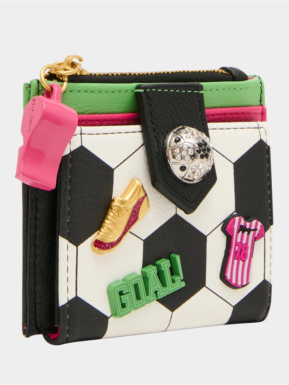 Betsey Johnson Goal Getter Black White Green Soccer Patch Zip Card Wallet - Picture 2 of 8